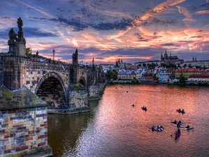 bridge, Prague, Kayaks, Town, Czech Republic, River, People
