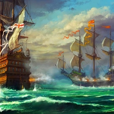 sailboats, battle, picture, sea