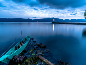 pier, Boat, Mountains, Stones, lake