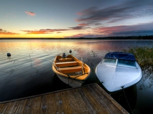 Platform, boats, west, sun, lake