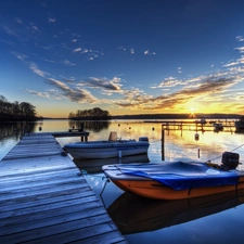 Platform, motorboat, east, sun, lake