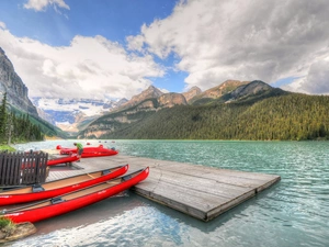 Kayaks, Province of Alberta, Mountains, Banff National Park, Canada, Platform, Lake Louise