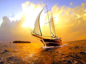 Przebijające, sun, sea, Island, sailing vessel