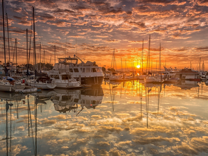 State of California, The United States, San Diego, Harbour, Sunrise, Sailboats, clouds, reflection, Yachts