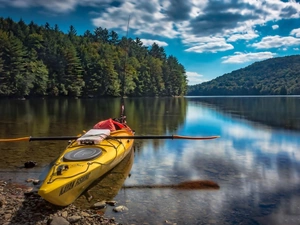 Kayak, woods, Mountains, River