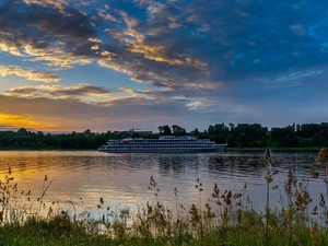 Ship, Plants, clouds, River