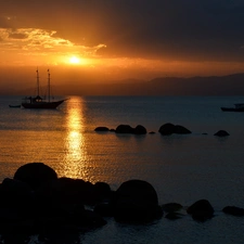 rocks, sailing vessel, sun, sea, west