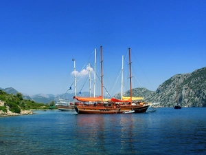 sailboats, sea, Mountains