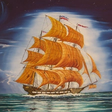 moon, sea, sailing vessel