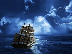 Storm, sea, sailing vessel, clouds