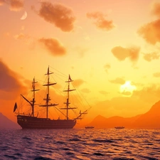 west, sea, sailing vessel, sun