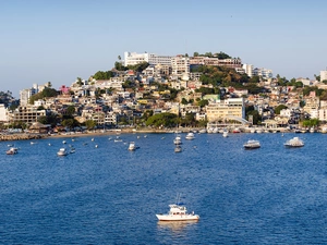 spa, Hill, Gulf, Houses, motorboat, Acapulco, Mexico, sea