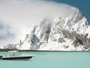 Mountains, sea, Motor boat, snow