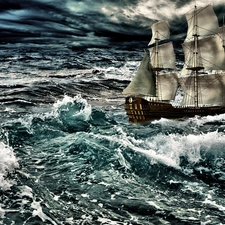 Storm, sailing vessel, sea