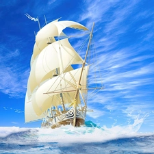 Waves, sailing vessel, sea