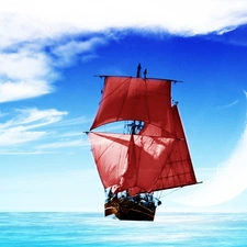 sea, Sky, Red, sails, sailing vessel