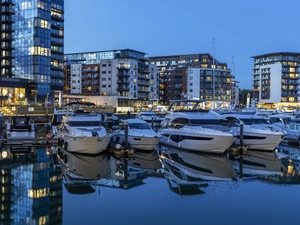 skyscrapers, Harbour, motorboat, sea