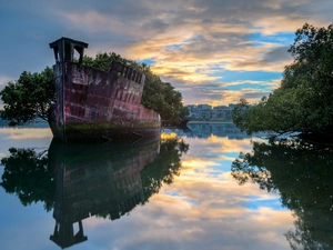 trees, lake, wreck, ship, viewes, buildings