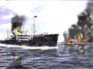 smoke, Big Fire, Ship, Military truck, sea