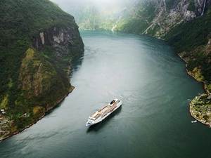 woods, Fiord Geirangerfjord, Way, rocks, Norway, Villages, Ship