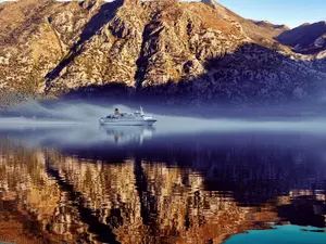 Ship, passenger, River, Fog, Mountains