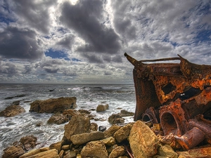 wreck, ship, rocks, clouds, sea
