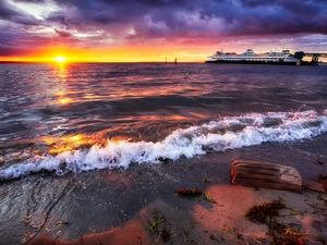 west, sea, Ship, sun