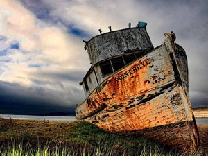 wreck, coast, clouds, ship