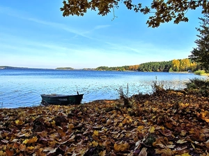 lake, autumn, Sky, maple, Boat, Leaf