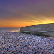 sea, west, Stones, Boat, Beaches, sun