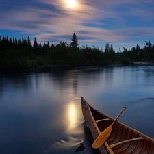 sun, canoe, River, west, forest