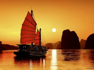 sun, sailing vessel, rocks, west, sea