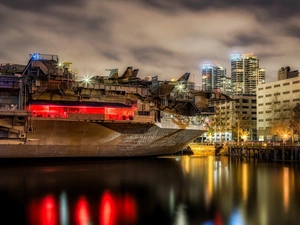 aircraft carrier, coast, Town, sea