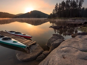 Kayaks, Platforms, Fog, Rocks, viewes, lake, Sunrise, trees