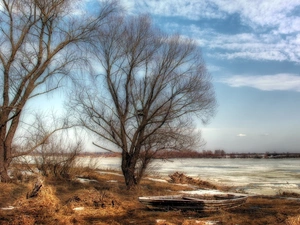 viewes, River, bath-tub, clouds, winter, trees