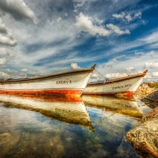 clouds, Beaches, Boats, Sky, sea, Two, reflection