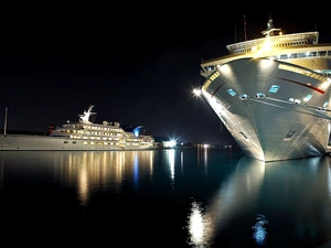 vessels, port, illuminated