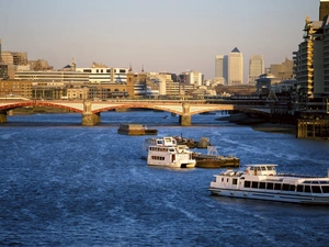 river, bridge, panorama, vessels, River, Barges, town