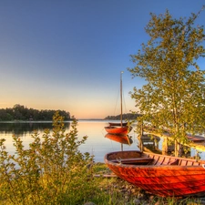 viewes, boats, lake, trees, Sky