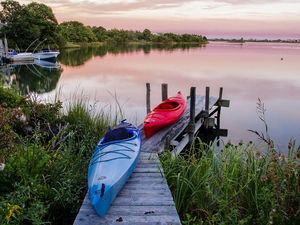 Kayaks, lake, trees, viewes, Plants, Platform