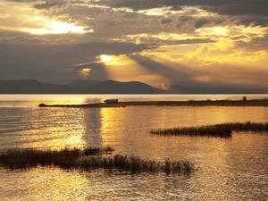 west, sun, Mountains, Lodz, lake