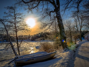 Way, woods, sun, Lodz, River, west, winter