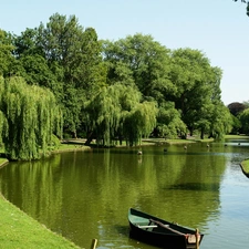 willow, Boat, trees, viewes, River