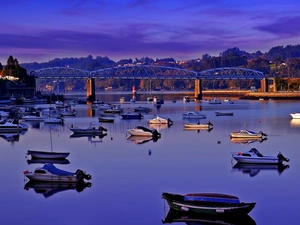 motorboat, woods, bridge, Boats, River