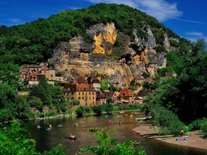 People, River, woods, spa, Rocks, boats