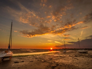 sea, Sky, Sun, Yacht, west, clouds