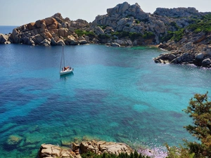 sea, Gulf, Yacht, rocks